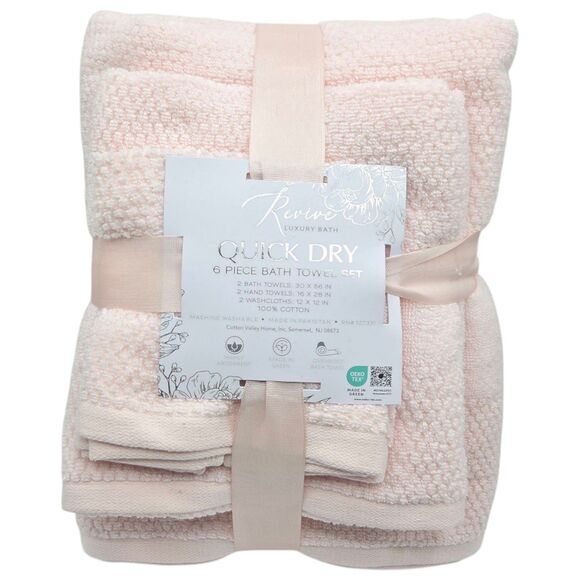Revive Luxury Bath 6pc Pink Cotton Towel Set Zero Twist 2Bath 2Hand 2Washcloths - Picture 8 of 8